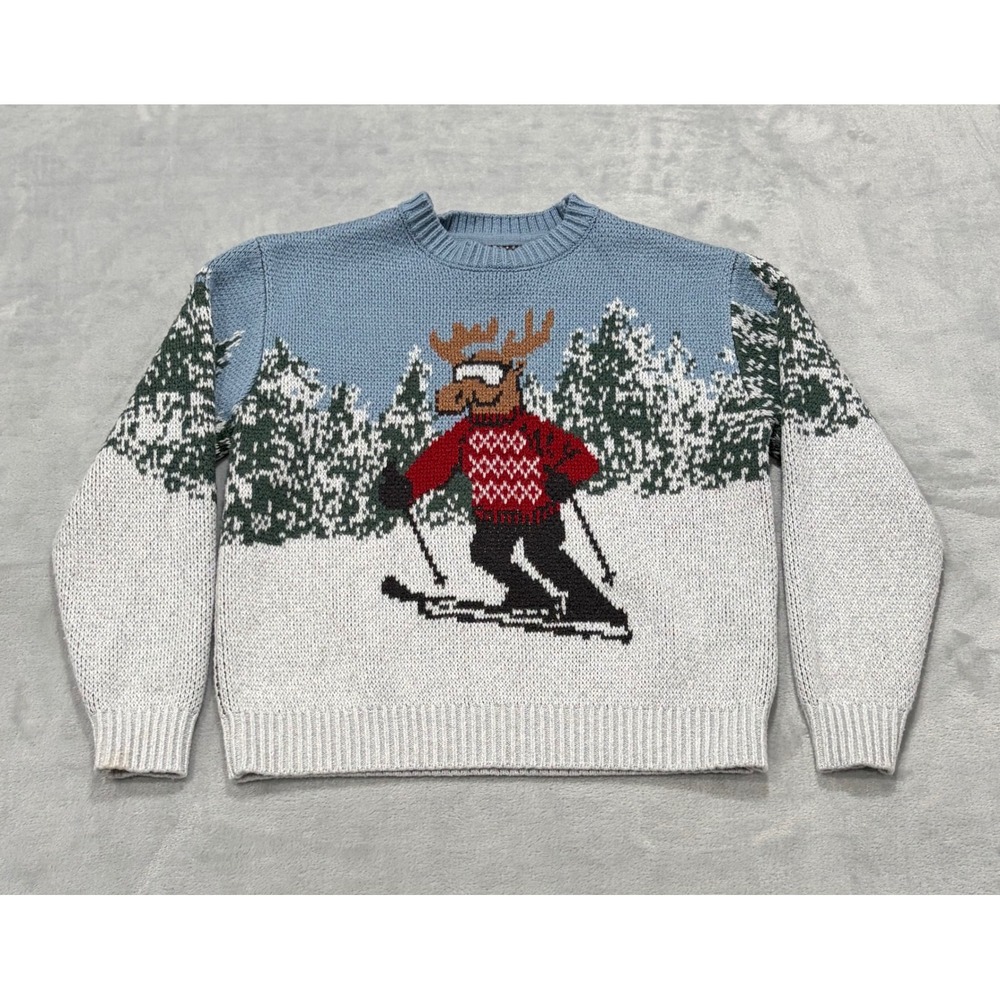 Abercrombie Boys Moose Ski Winter Sweater Crewneck Christmas Graphic Blue 11/12
